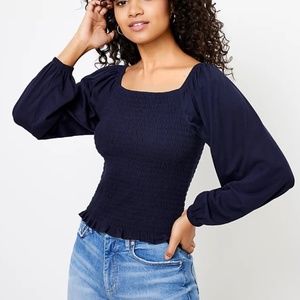NWT Loft Smocked Puff Sleeve Top Navy Blue